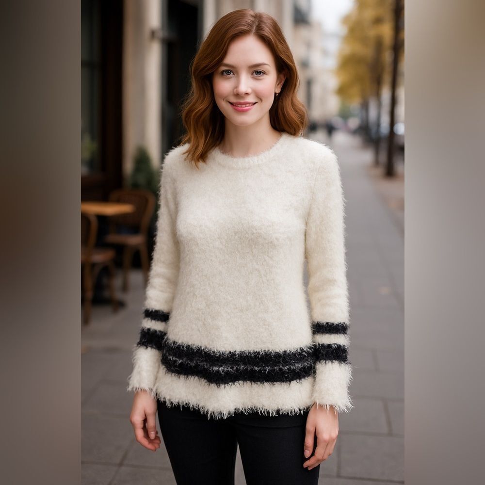 ✨ REBA White Fuzzy Sweater with Black Stripes – Size M